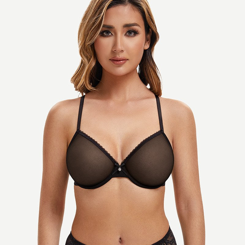 Breathable Unlined Sheer Bra with Underwire Support, Black Wingslove