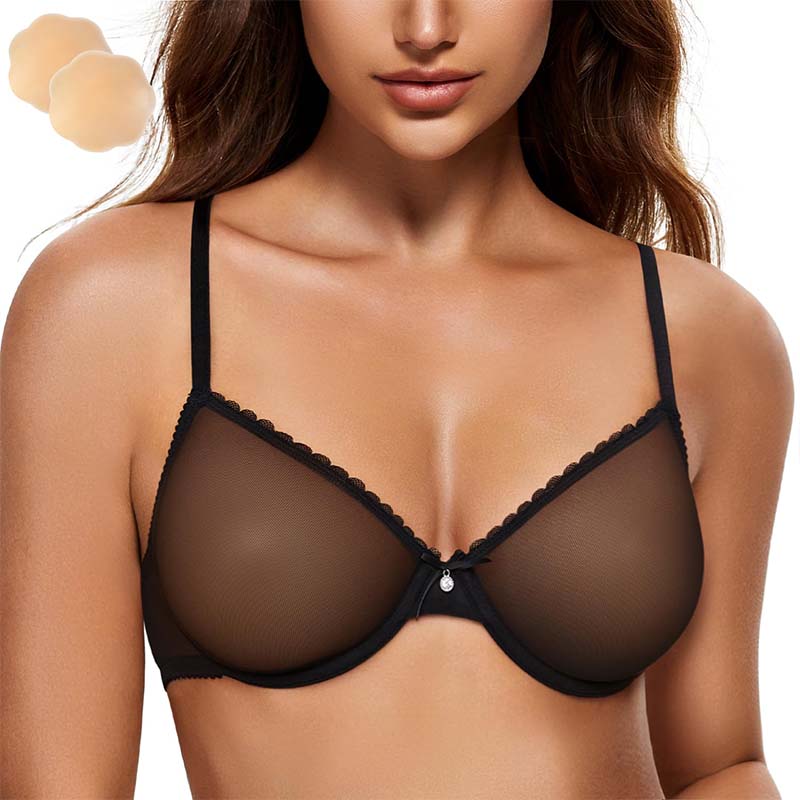 Breathable Unlined Sheer Bra with Underwire Support, Black Wingslove