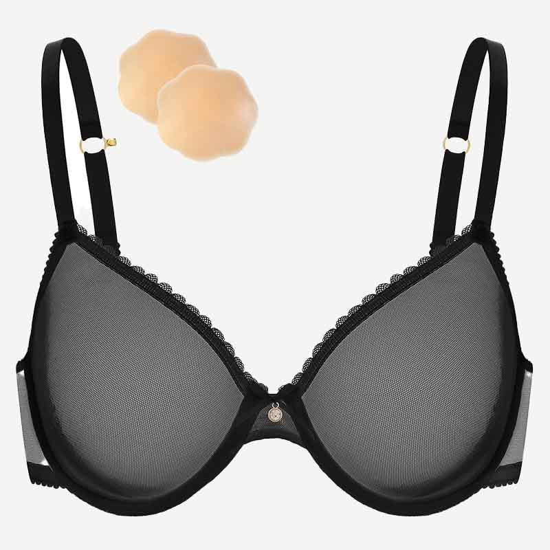 Breathable Unlined Sheer Bra with Underwire Support, Black Wingslove
