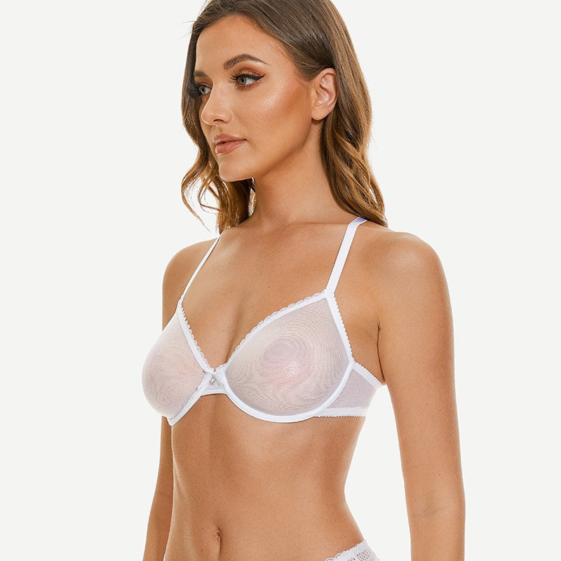 Breathable Unlined Sheer Bra with Underwire Support, White Wingslove