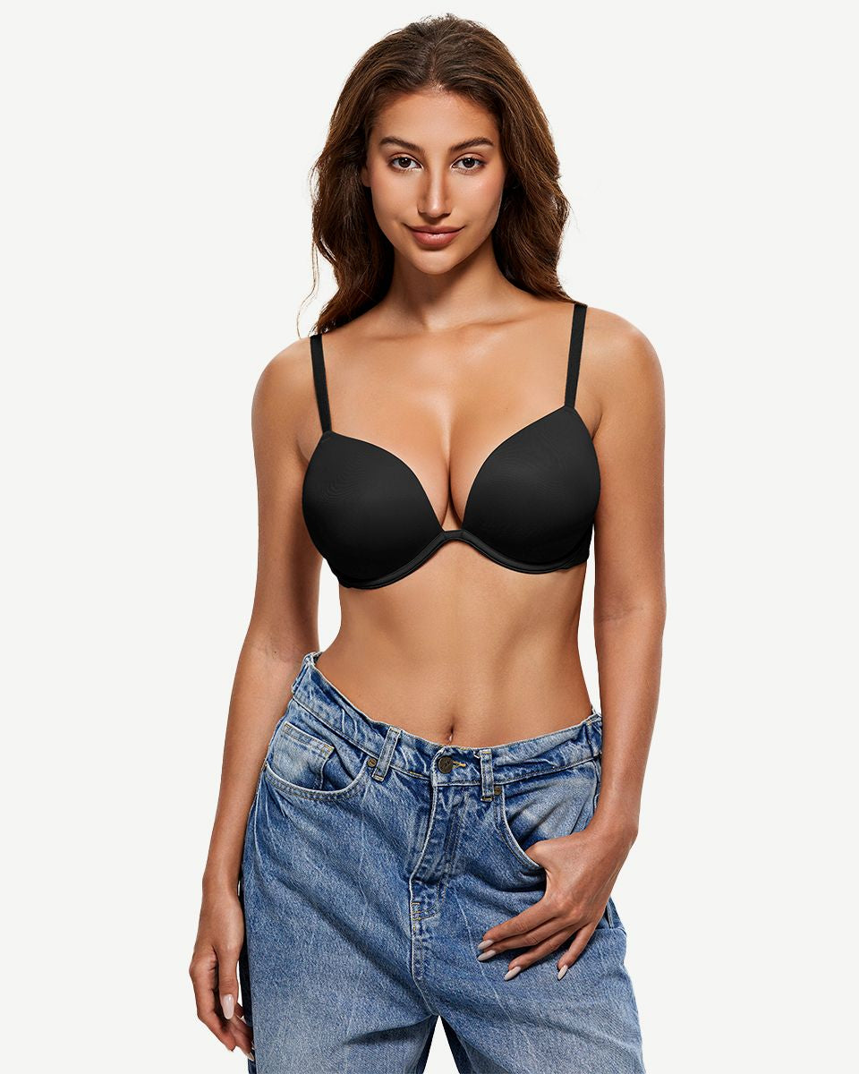 Deep V Padded Push Up Bra with Underwire, Black Wingslove
