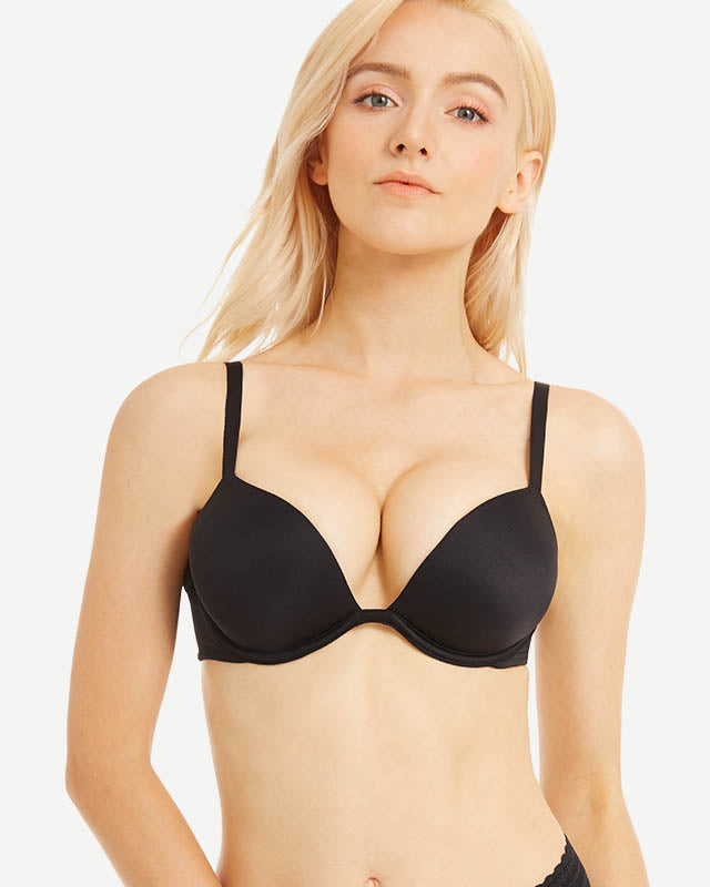 Deep V Padded Push Up Bra with Underwire, Black