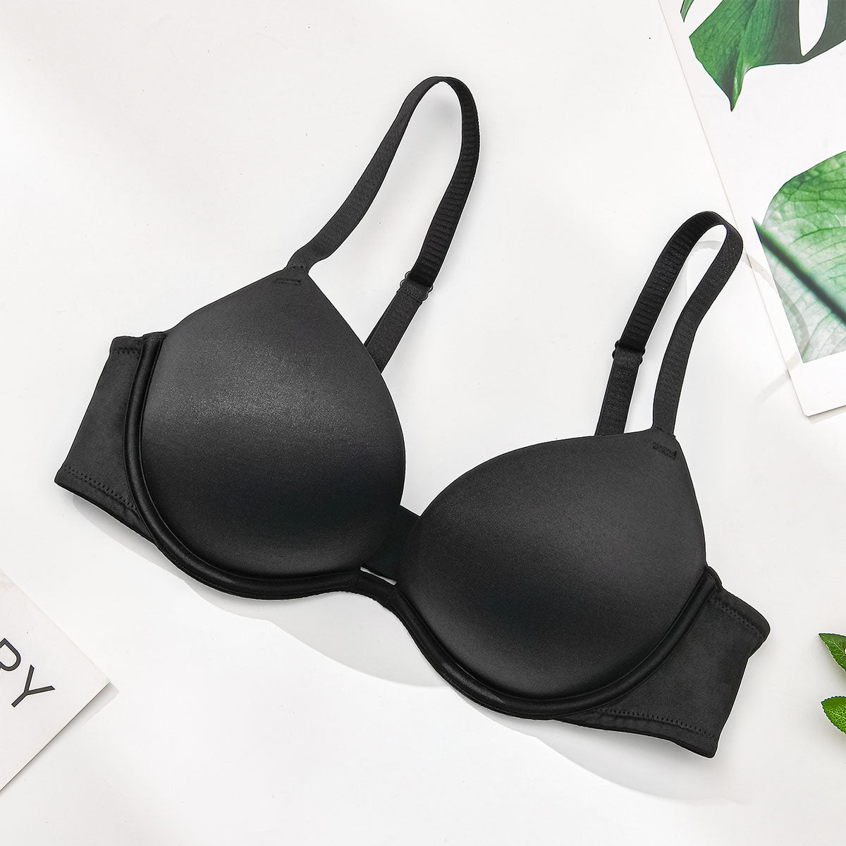 Deep V Padded Push Up Bra with Underwire, Black Wingslove