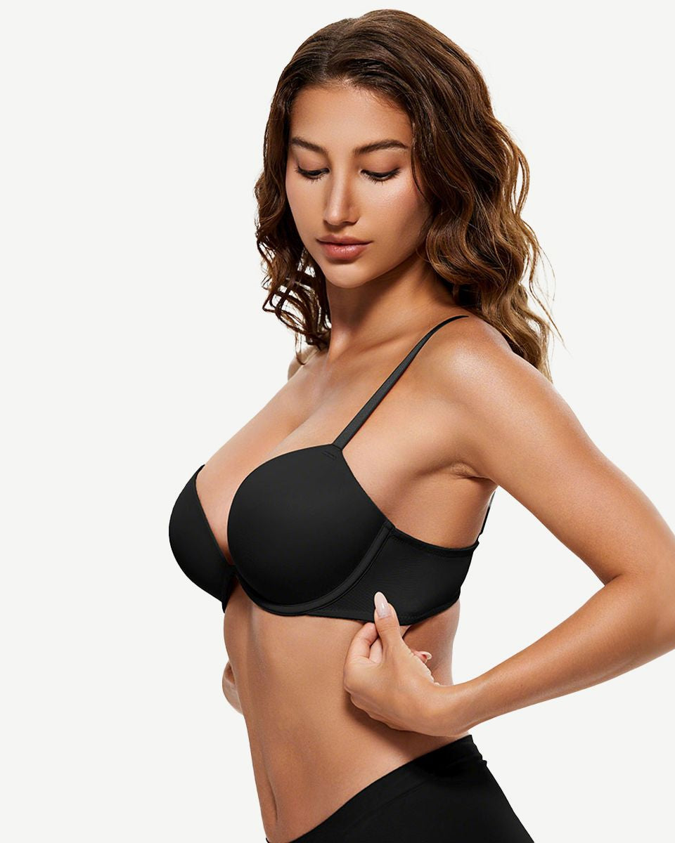 Deep V Padded Push Up Bra with Underwire, Black Wingslove