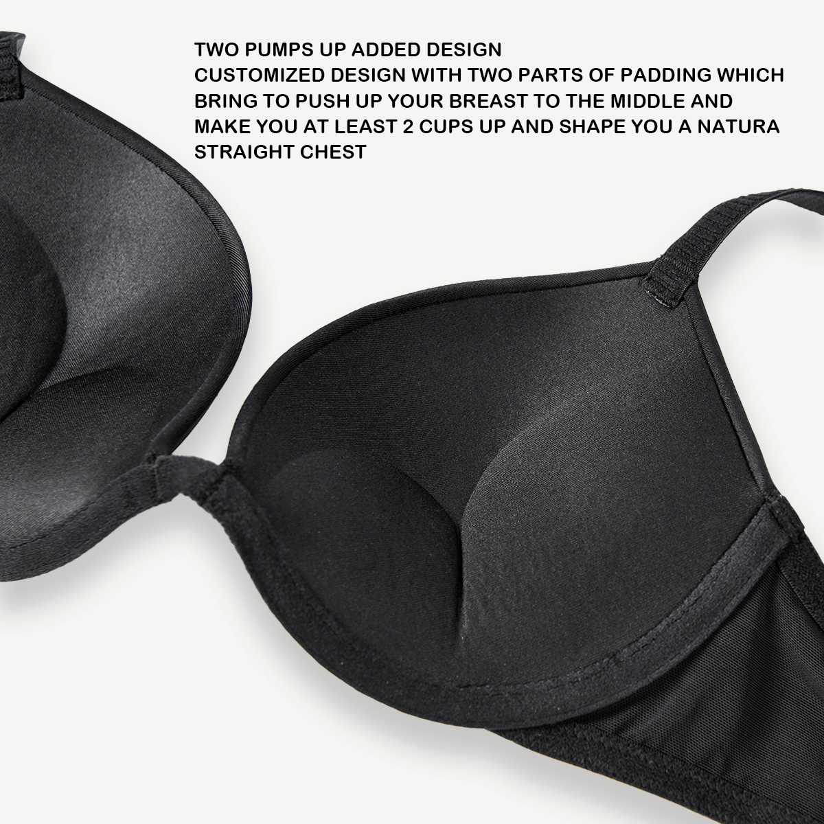 Deep V Padded Push Up Bra with Underwire, Black Wingslove