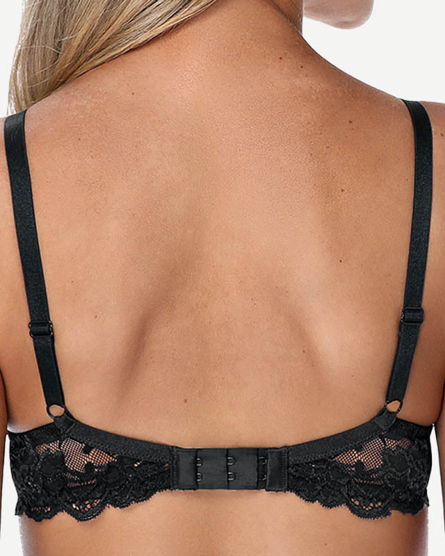 Floral Lace Push-Up Lightly Padded Demi Plunge Underwire Bra Black Wingslove