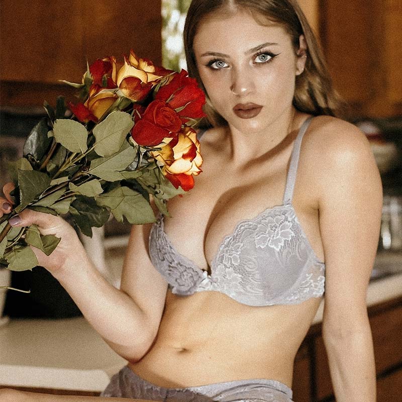 Floral Lace Push-Up Lightly Padded Demi Plunge Underwire Bra Grey5