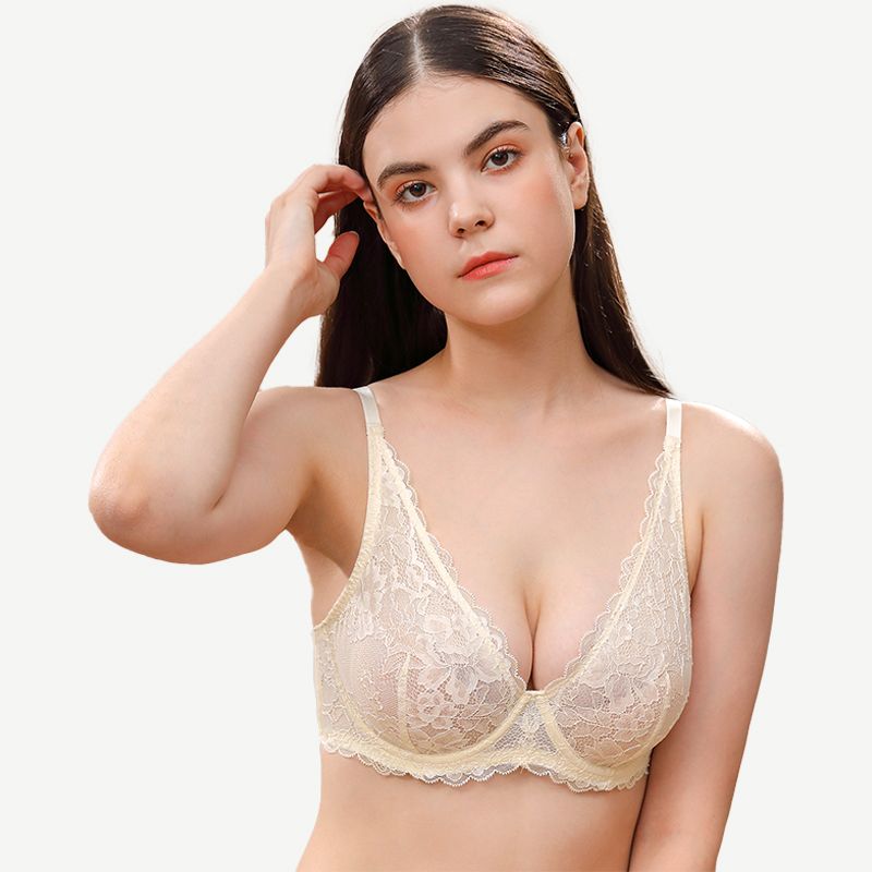 Floral Lace Unlined Plunge Bra with Underwire, Nude Wingslove