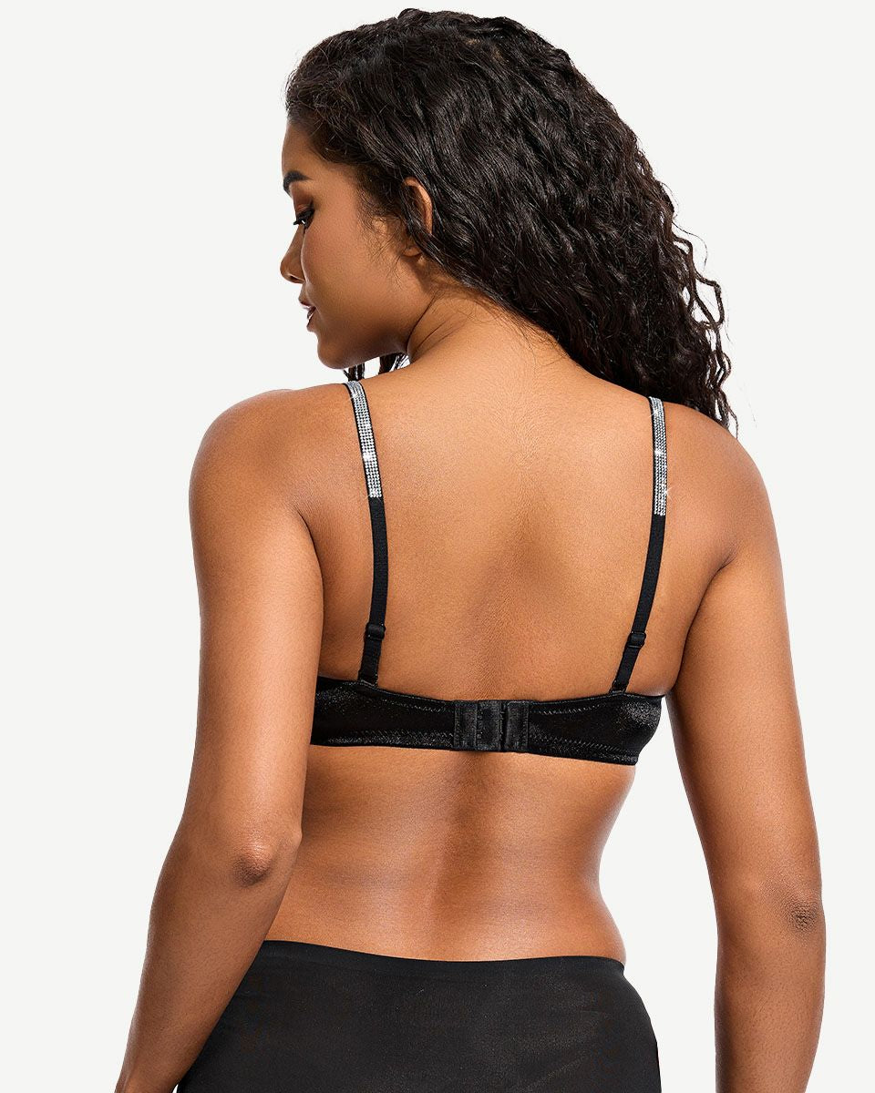 Front Closure Unlined Lace Underwire Bra with Rhinestone Straps, Black Wingslove