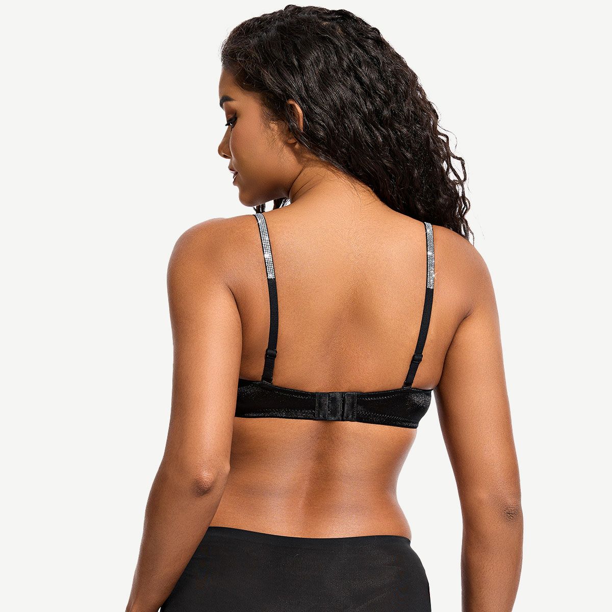 Front Closure Unlined Lace Underwire Bra with Rhinestone Straps, Black Wingslove