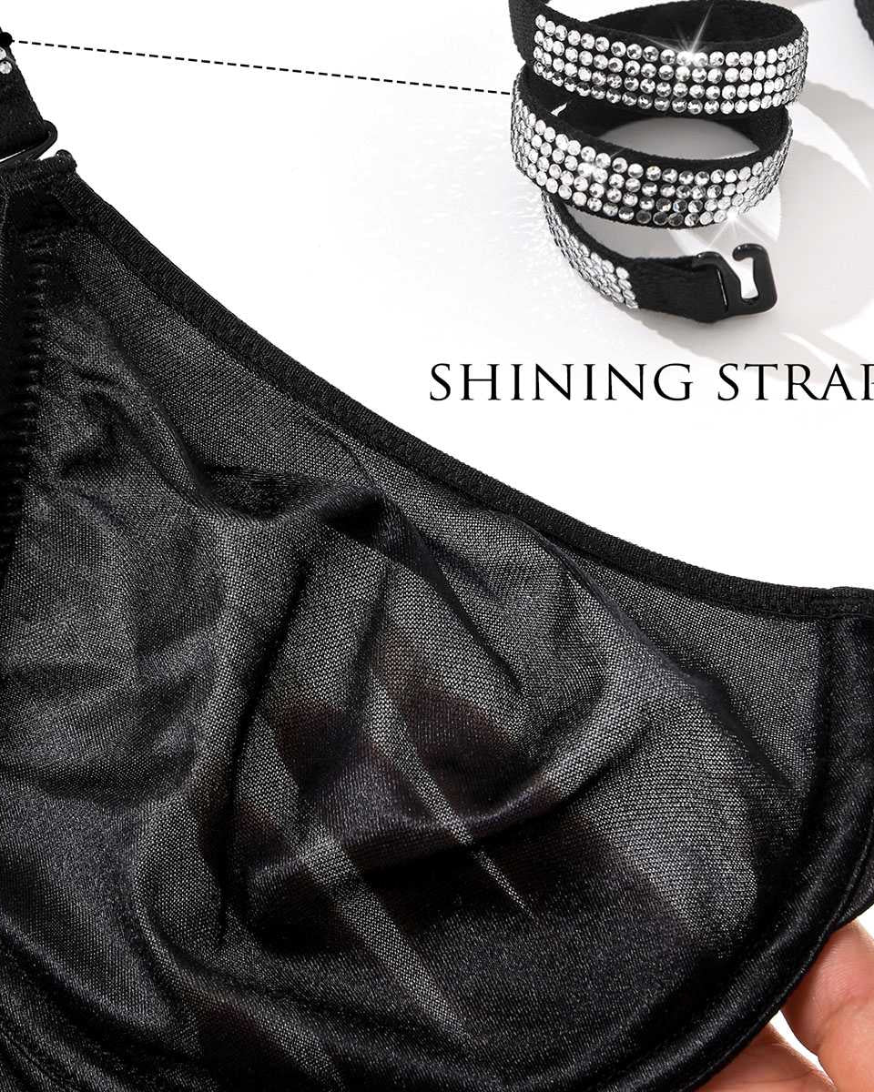 Front Closure Unlined Lace Underwire Bra with Rhinestone Straps, Black Wingslove