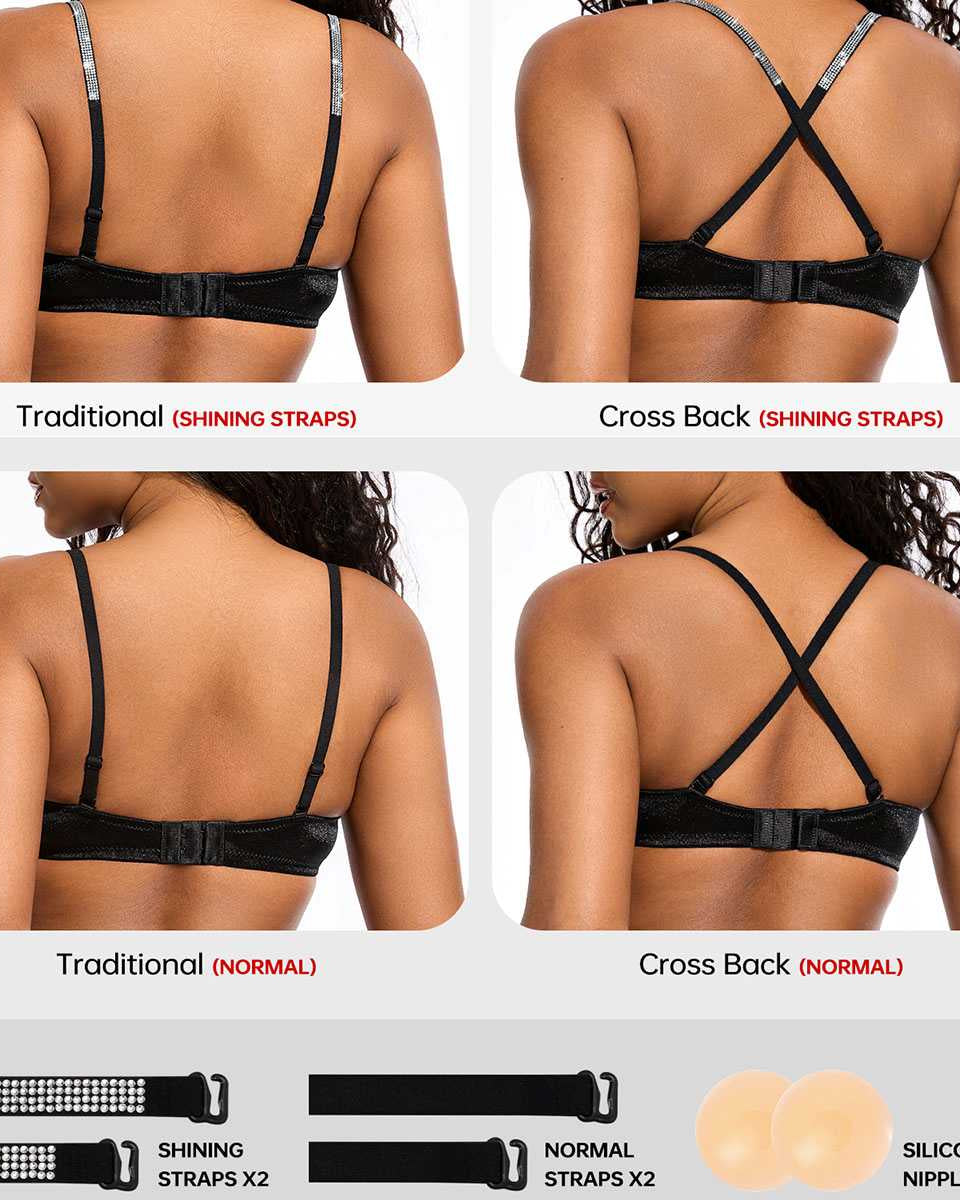 Front Closure Unlined Lace Underwire Bra with Rhinestone Straps, Black Wingslove