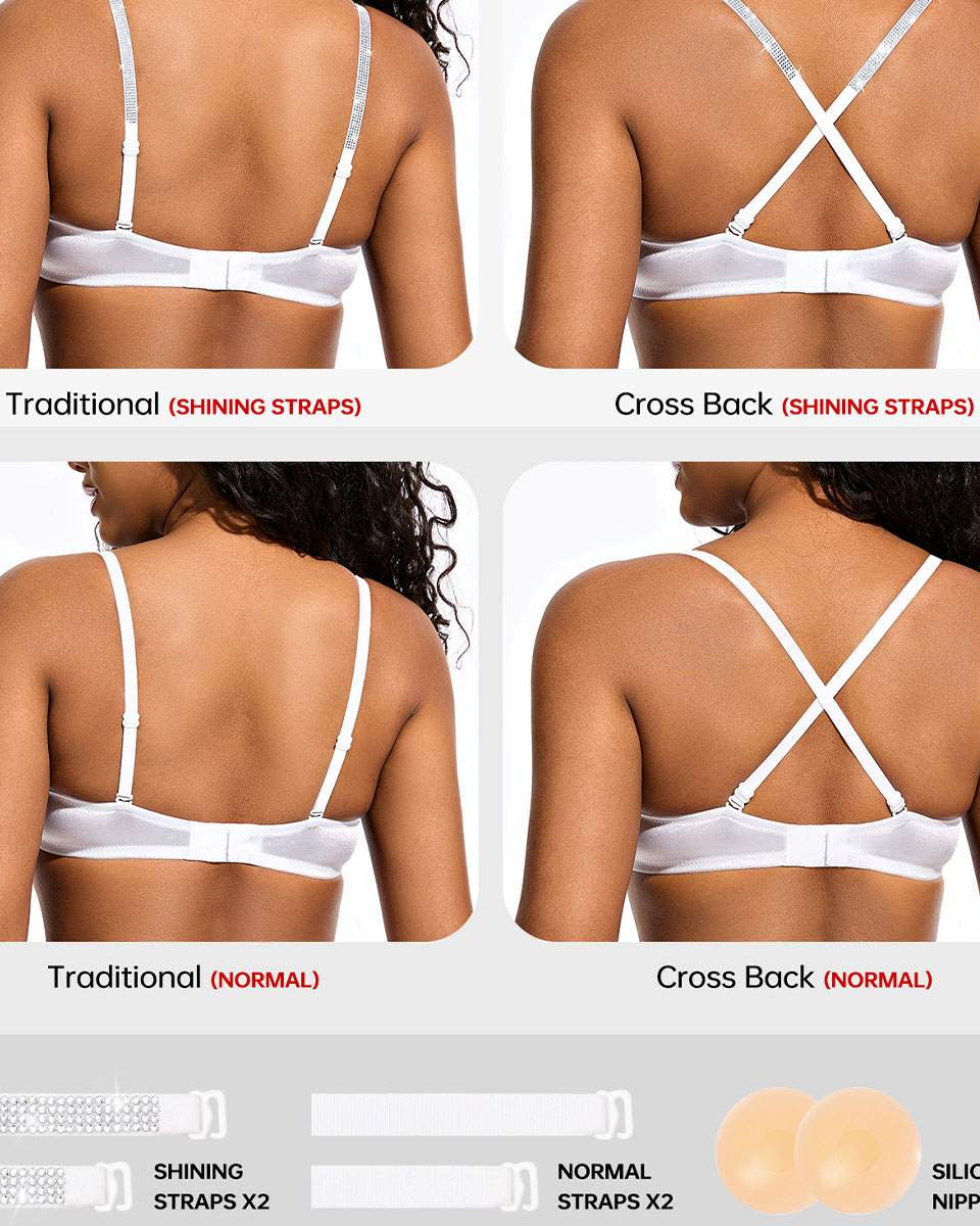 Front Closure Unlined Lace Underwire Bra with Rhinestone Straps, White Wingslove