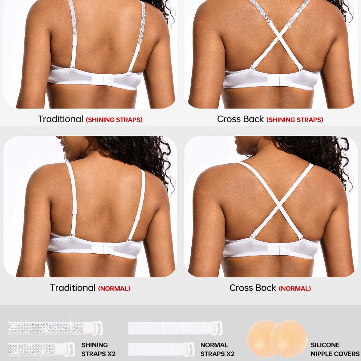 Front Closure Unlined Lace Underwire Bra with Rhinestone Straps, White Wingslove