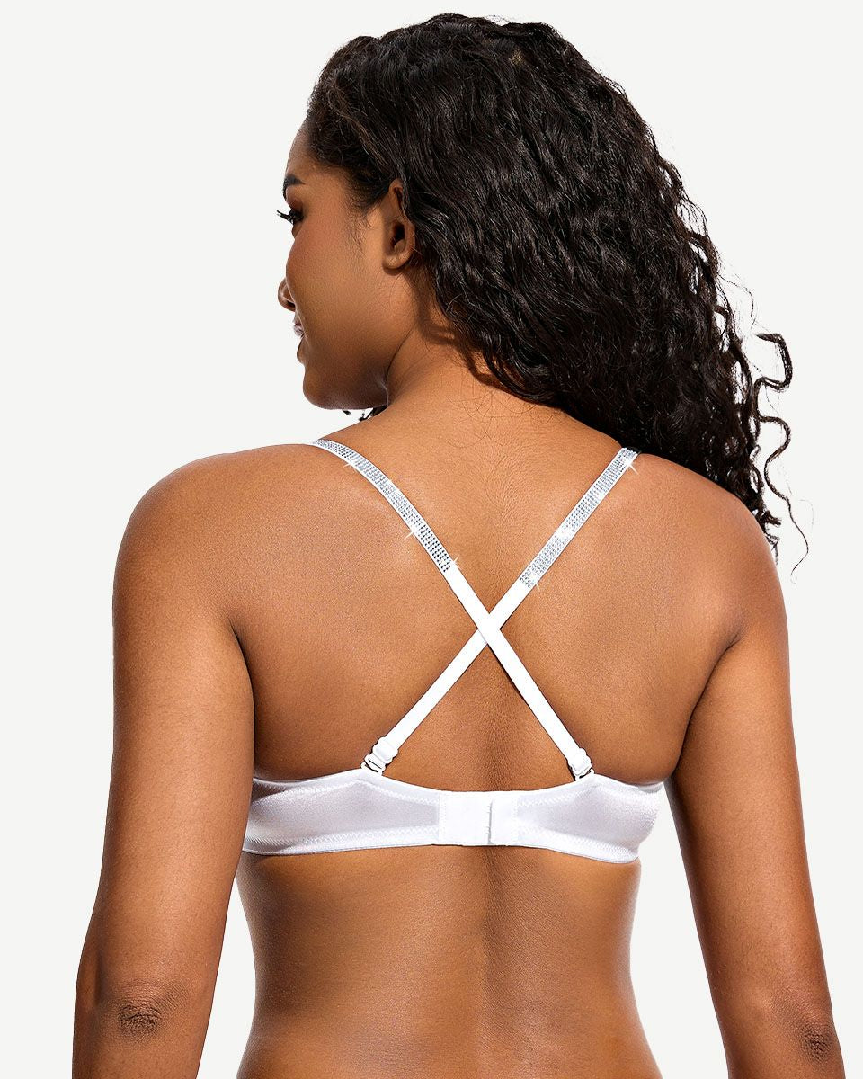Front Closure Unlined Lace Underwire Bra with Rhinestone Straps, White Wingslove
