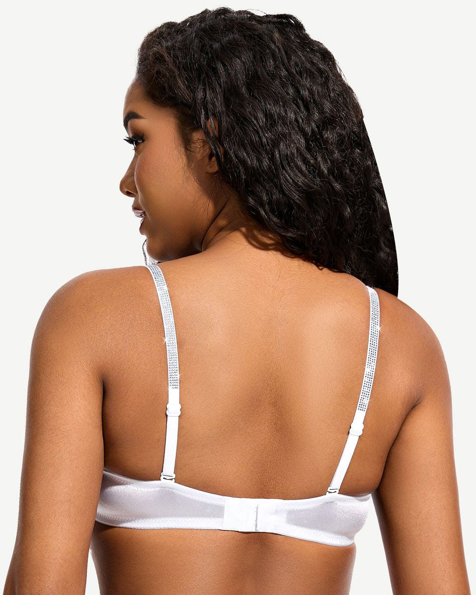 Front Closure Unlined Lace Underwire Bra with Rhinestone Straps, White Wingslove