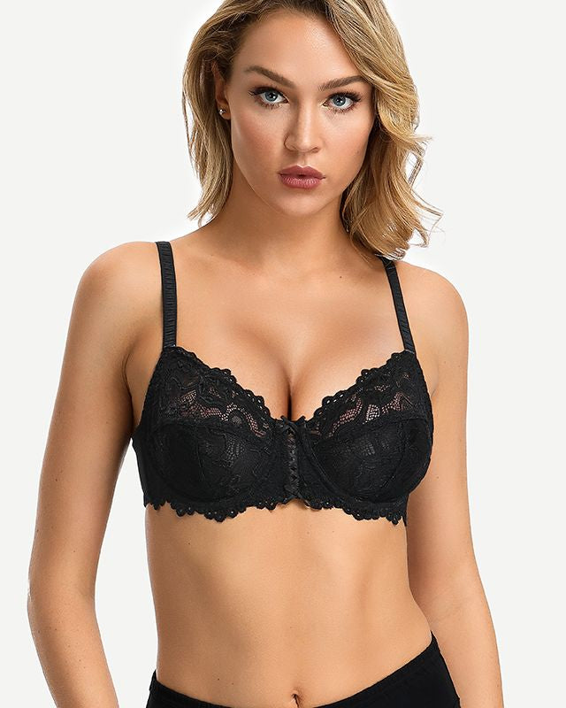 Full Coverage Lace Bra Underwire Bralette, Black Wingslove