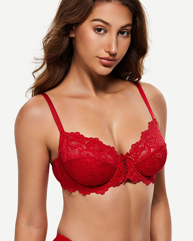 Full Coverage Lace Bra Underwire Bralette, Lava Red Wingslove