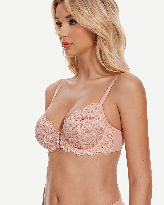 Full Coverage Lace Bra Underwire Bralette, Pink Nude Wingslove
