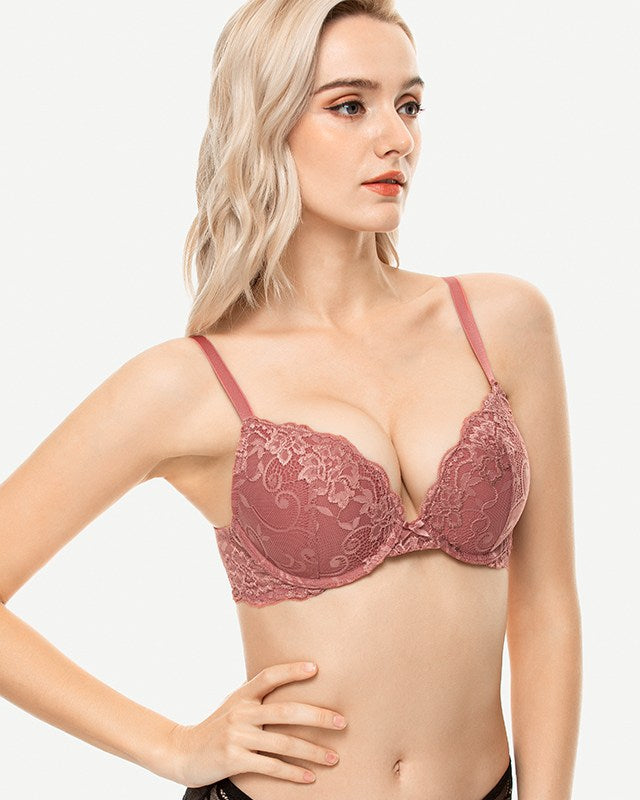 Floral Plunge Underwire Push Up Bra With Padded, Cinnabar Red