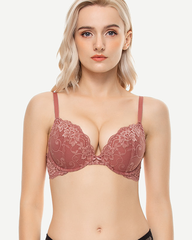 Lace Push Up Bra Lightly Padded Demi Plunge Bra Cinnabar Red wingslove