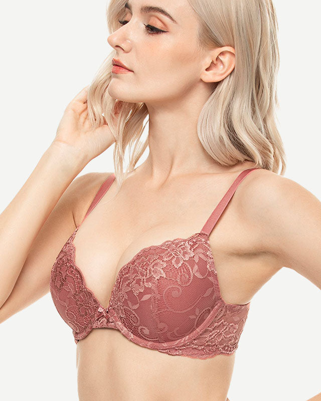 Lace Push Up Bra Lightly Padded Demi Plunge Bra Cinnabar Red wingslove