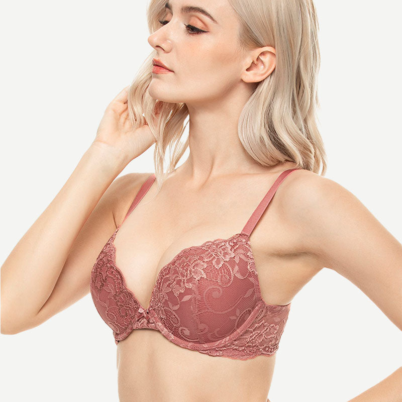 Lace Push Up Bra Lightly Padded Demi Plunge Bra Cinnabar Red wingslove