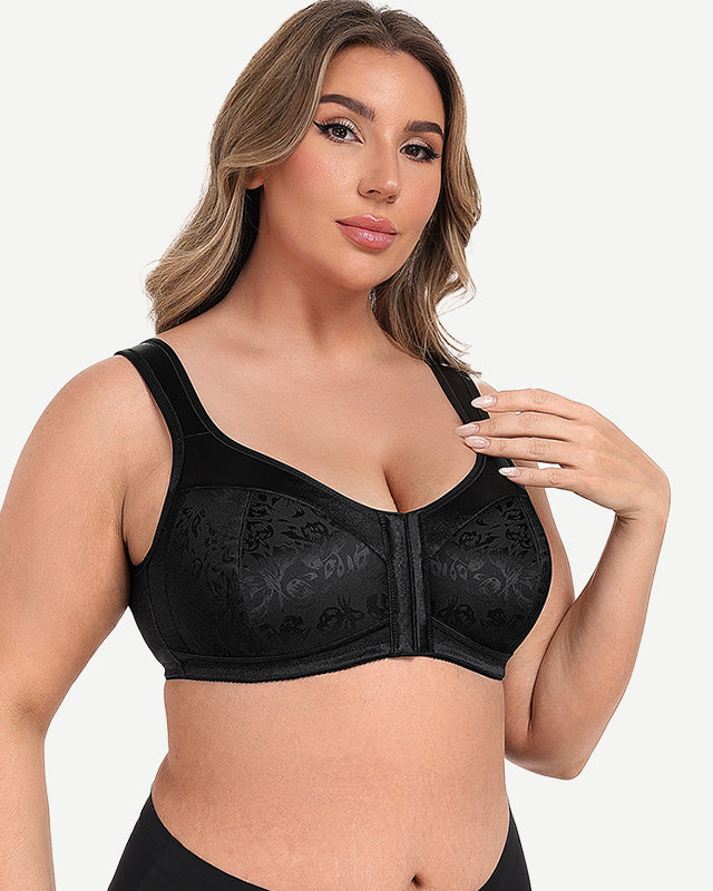 Plus Size Front Closure Hook Wireless Black full coverage Minimizer Bra Wingslove