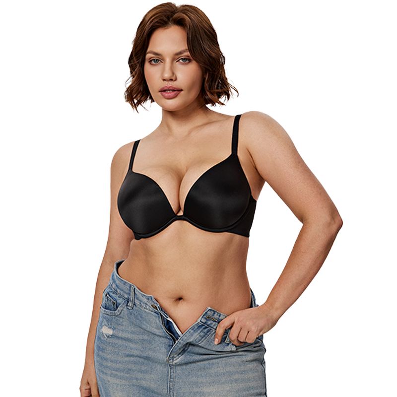Seamless Plus Size Plunge Push-Up Bra Underwire, Black Wingslove