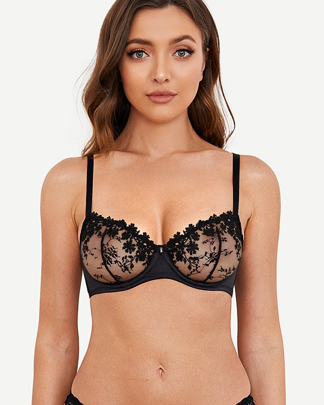 Underwire Lace bra Sheer Mesh Unlined, Black
