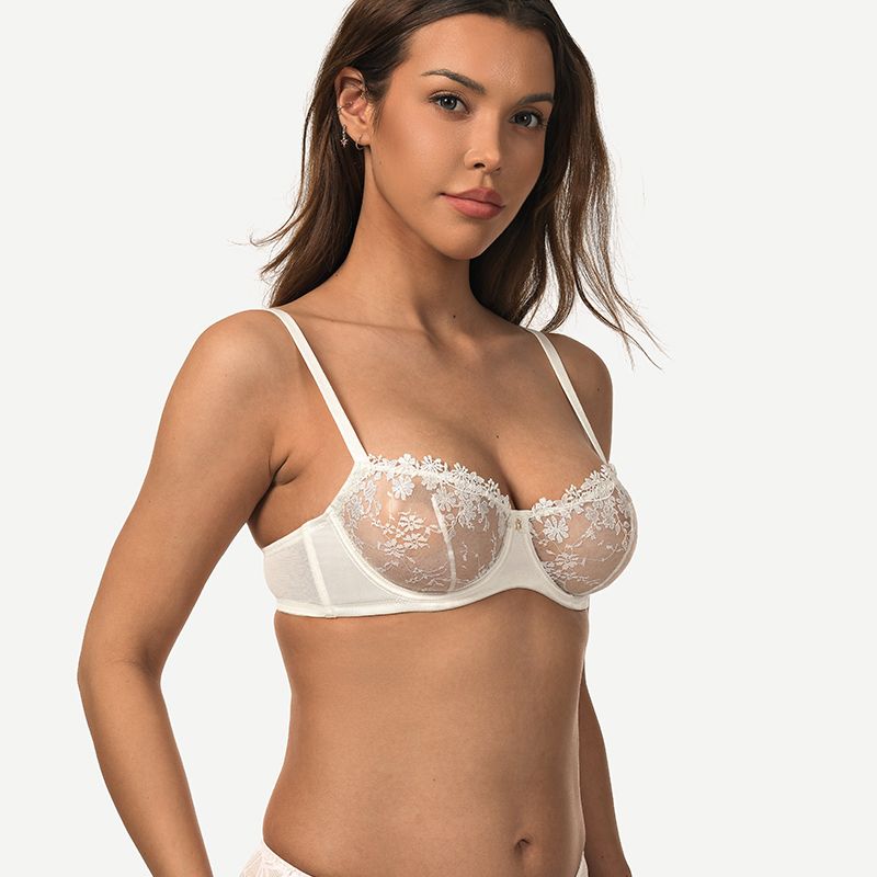 Underwire Lace bra Sheer Mesh Unlined, Ivory White