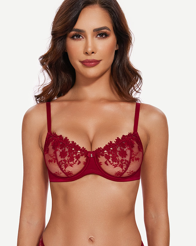 See Through Underwire Demi Sheer Balconette Bra Wine Red Wingslove