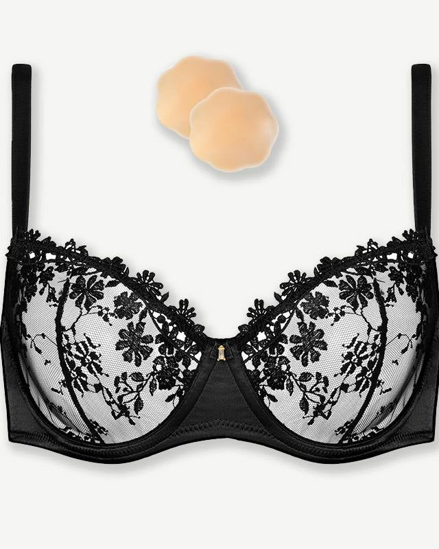 Underwire Lace bra Sheer Mesh Unlined, Black