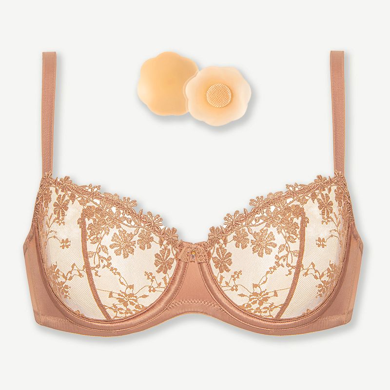 Underwire Lace bra Sheer Mesh Unlined, Milk Coffee