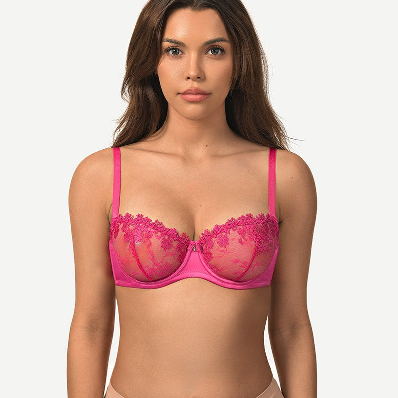Underwire Lace bra Sheer Mesh Unlined, Rose Red