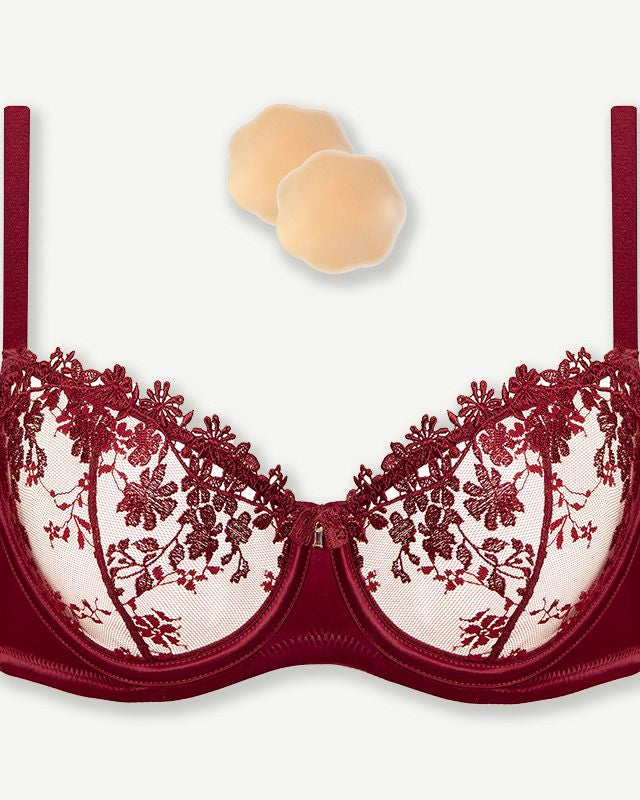 Underwire Lace bra Sheer Mesh Unlined, Wine Red