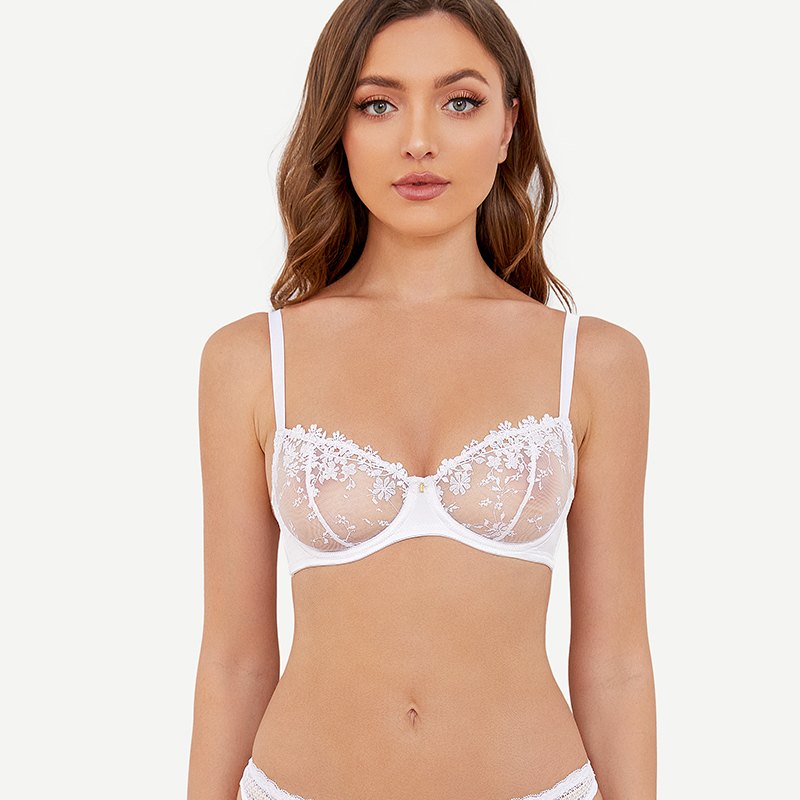 Underwire Lace bra Sheer Mesh Unlined, White