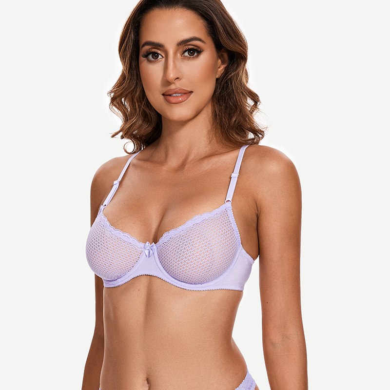 Sheer Lace Underwire Demi Bra with Plunge Neckline, Light Purple