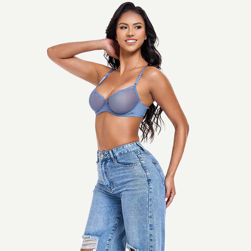 Sheer Lace Underwire Demi Bra with Plunge Neckline, Moonlight Blue