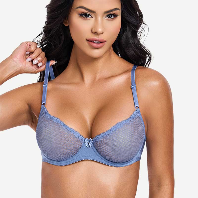 Sheer Lace Underwire Demi Bra with Plunge Neckline, Moonlight Blue