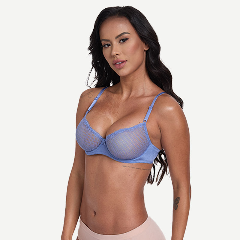 Sheer Lace Underwire Demi Bra with Plunge Neckline, Moonlight Blue