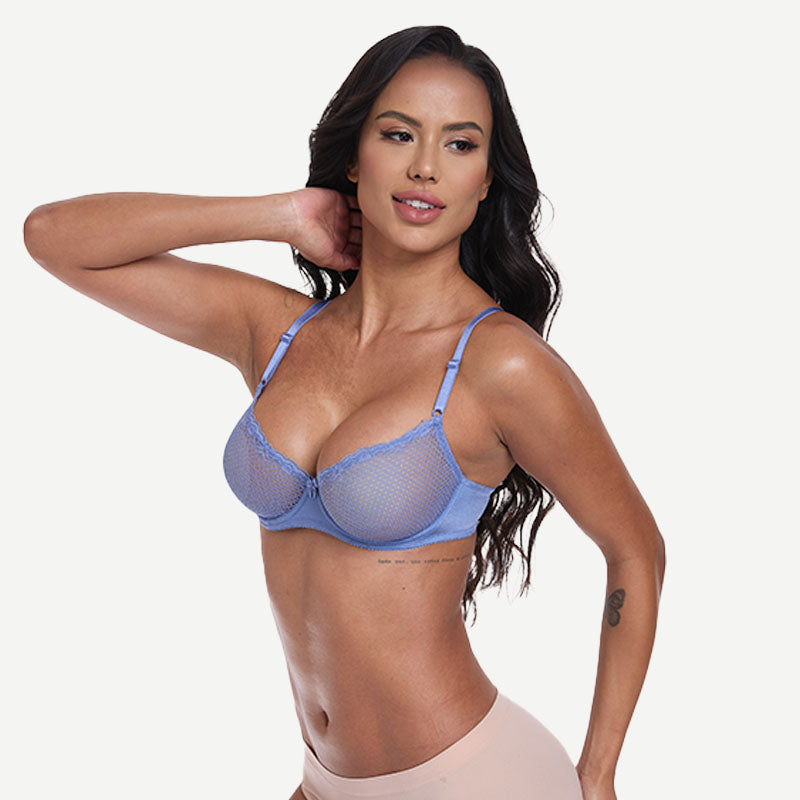Sheer Lace Underwire Demi Bra with Plunge Neckline, Moonlight Blue