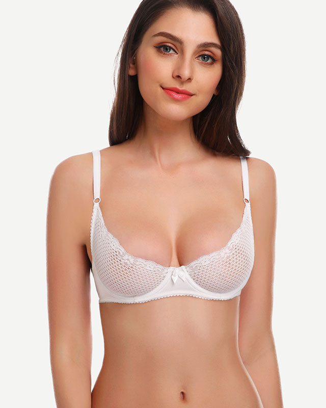 Sheer Lace Underwire Demi Bra with Plunge Neckline, White