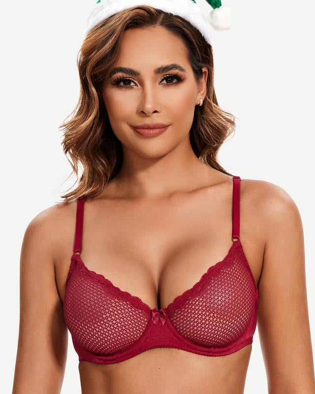 Sheer Lace Underwire Demi Bra with Plunge Neckline, Wine Red