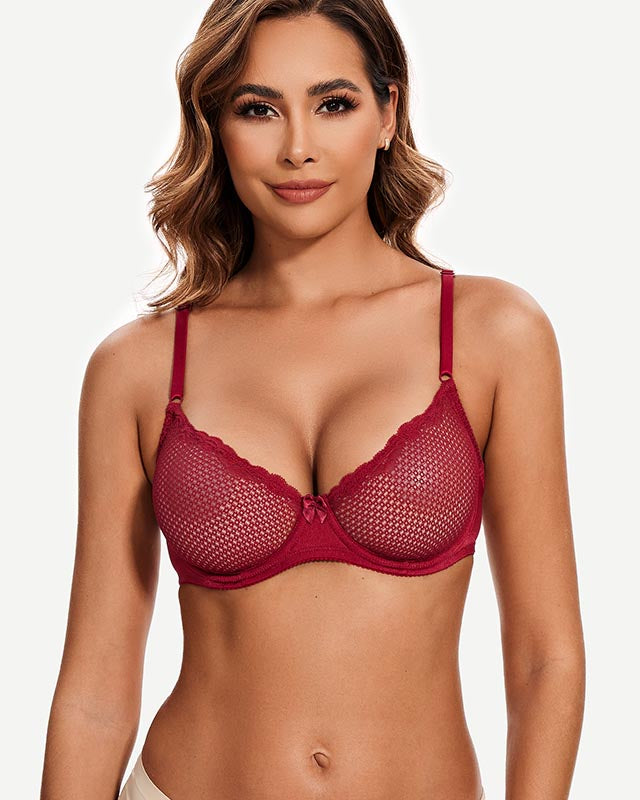 Sheer Lace Underwire Demi Bra with Plunge Neckline, Wine Red