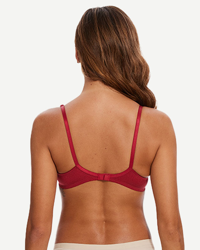 Sheer Lace Underwire Demi Bra with Plunge Neckline, Wine Red wingslove