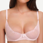 Unlined See Through 1/2 Cup Mesh Demi Shelf Underwired Bra Light Pink Wingslove