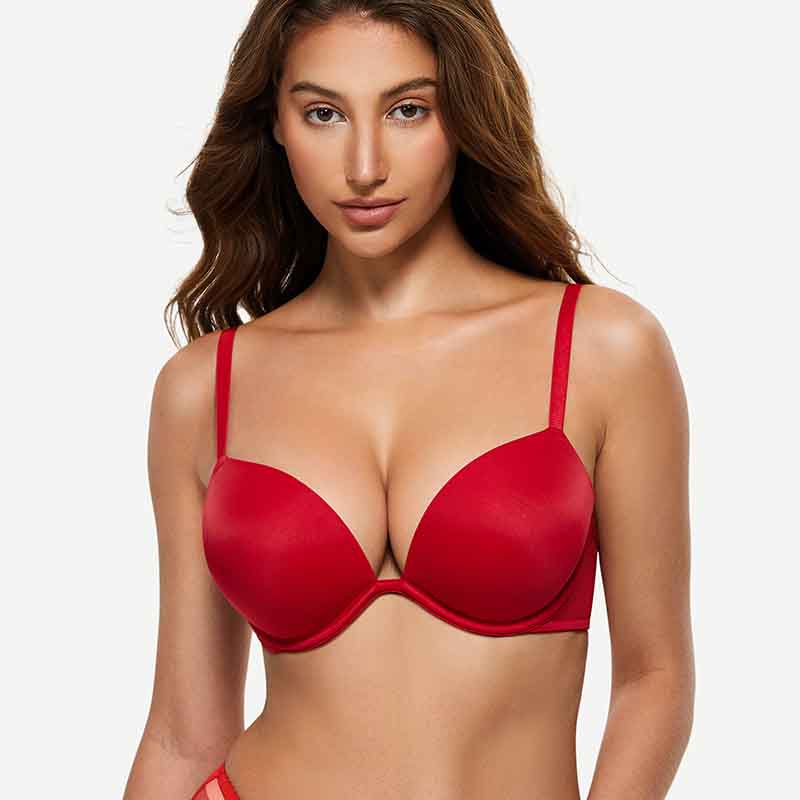 Wingslove Deep V Padded Push Up Bra with Underwire, Lava Red