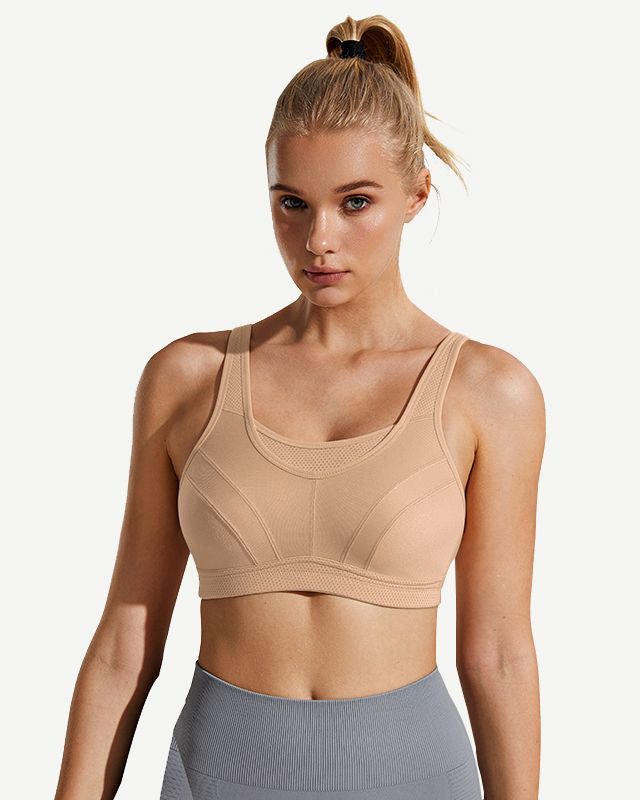 Full Coverage High Support Solid Stress Reliever Sports Bra Nude