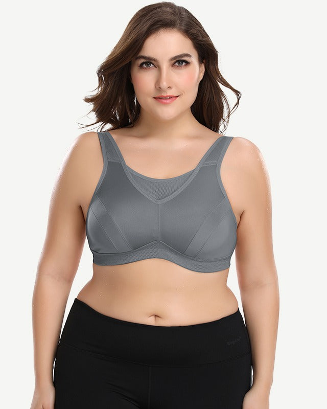 Plus Size Solid wirefree Absorb Breathable Sports Bra Grey